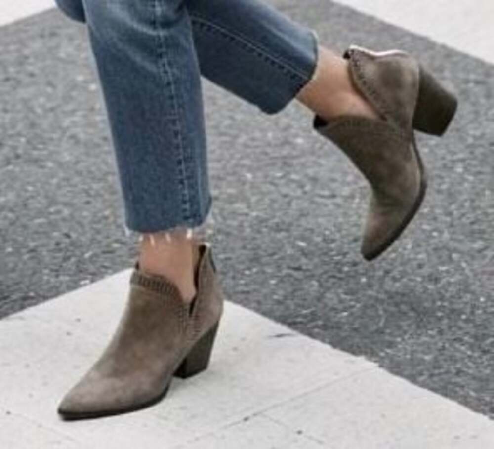 Vince Camuto Filiana Grey Suede Laser Cutout Heeled Ankle Booties